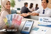 Foto ilustrasi seseorang sedang melakukan transaksi penukaran uang setelah melakukan pemesanan melalui aplikasi PINTAR di ponselnya.