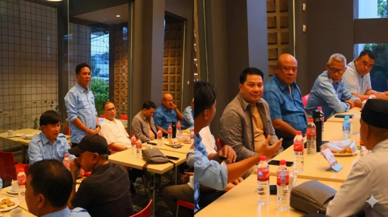 Kapolda Sulut Irjen Pol Roycke Harry Langie berdiskusi akrab dengan wartawan saat acara buka puasa bersama di Manado, Senin (16/3/2026). Foto Bidhumas Polda Sulut