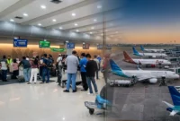 Suasana terminal keberangkatan Bandara Internasional Sam Ratulangi Manado yang dipadati penumpang saat puncak arus balik Lebaran 2026.