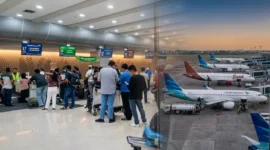 Suasana terminal keberangkatan Bandara Internasional Sam Ratulangi Manado yang dipadati penumpang saat puncak arus balik Lebaran 2026.
