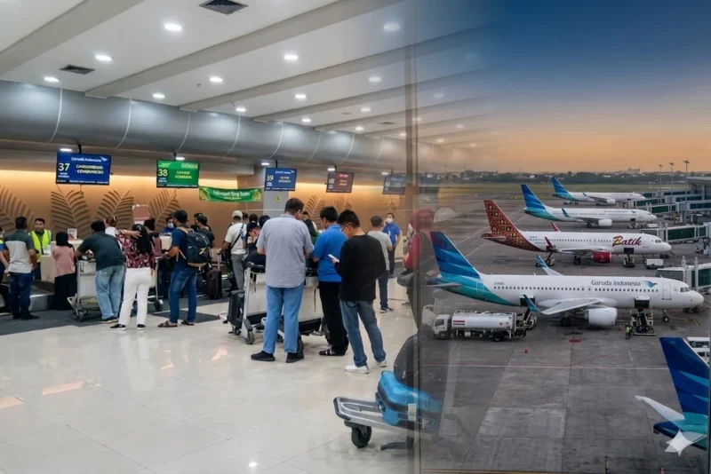 Suasana terminal keberangkatan Bandara Internasional Sam Ratulangi Manado yang dipadati penumpang saat puncak arus balik Lebaran 2026.