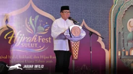 Kepala Dinas Perkebunan Sulawesi Utara, Darwin Muskin, saat membacakan sambutan Gubernur Yulius Selvanus pada puncak acara Hijrah Sulut Fest 2026 di Atrium Megamall Manado, Sabtu (28/2/2026).Foto : Jurnalis BI