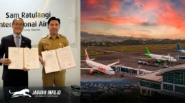 Bupati Sangihe, Michael Thungari dan GM Bandara Sam Ratulangi, Radityo Ari Purwoko berfoto bersama usai menyepakati kerja sama promosi pariwisata daerah. Foto : Humas Bandara