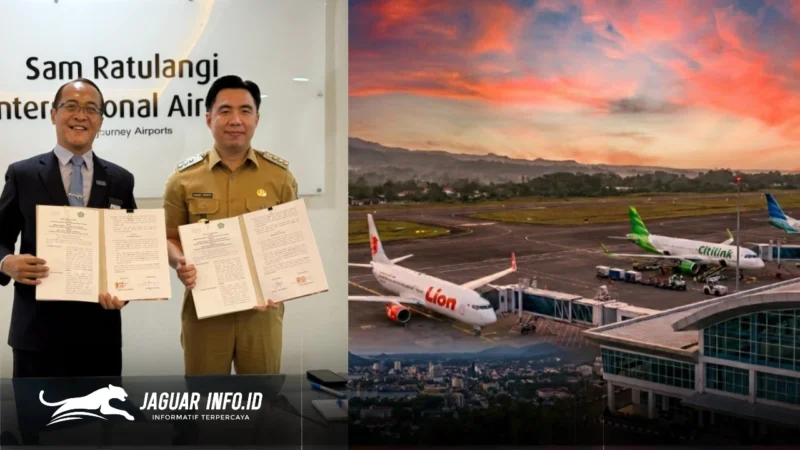 Bupati Sangihe, Michael Thungari dan GM Bandara Sam Ratulangi, Radityo Ari Purwoko berfoto bersama usai menyepakati kerja sama promosi pariwisata daerah. Foto : Humas Bandara