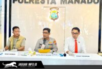 Kapolresta Manado Kombes Pol Irham Halid saat memimpin press release pengungkapan kasus maut di Desa Lansa, Senin (13/4/2026).