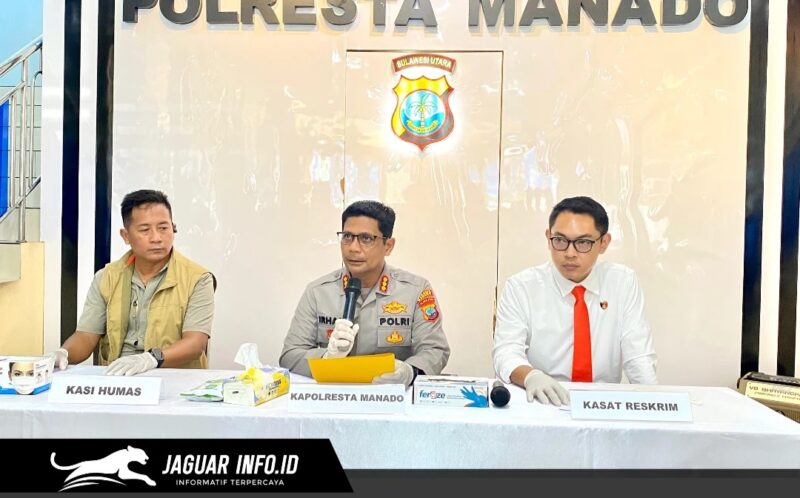 Kapolresta Manado Kombes Pol Irham Halid saat memimpin press release pengungkapan kasus maut di Desa Lansa, Senin (13/4/2026).