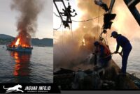 Personel Ditpolairud Polda Sulut saat menjinakkan api yang membakar bagian mesin KM Maranatha 04 di Selat Lembeh, Bitung, Rabu (15/04/2026)