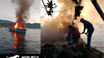 Personel Ditpolairud Polda Sulut saat menjinakkan api yang membakar bagian mesin KM Maranatha 04 di Selat Lembeh, Bitung, Rabu (15/04/2026)