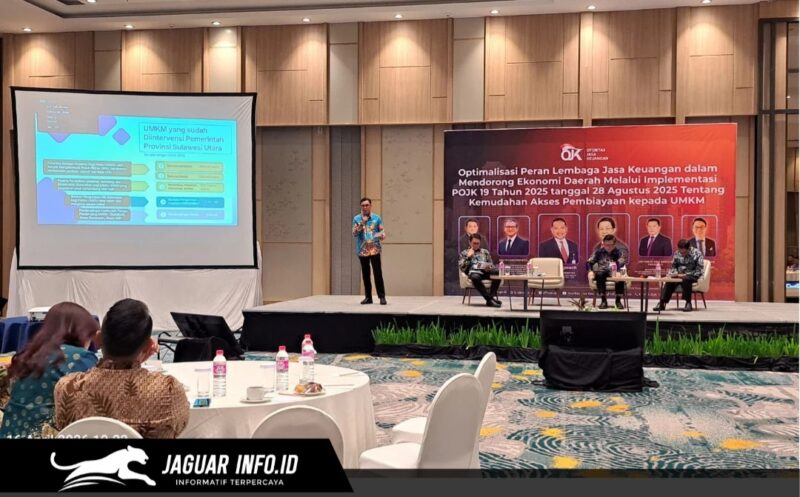 Kepala OJK Sulutgomalut, Robert Sianipar, saat memaparkan strategi percepatan akses permodalan bagi UMKM dalam kegiatan optimalisasi lembaga jasa keuangan di Manado.