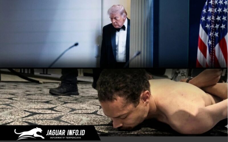 Momen saat pelaku penembakan, Cole Tomas Allen, ditangkap dan diamankan oleh sejumlah personel kepolisian bersenjata lengkap di luar hotel Hilton.