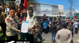 Suasana mahasiswa asal Papua saat menyampaikan aspirasi melalui aksi damai di depan gerbang Mapolda Sulut, Senin (27/04/2026).