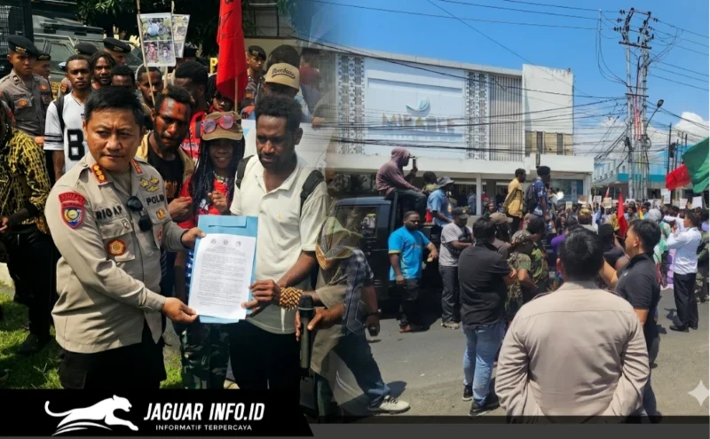 Suasana mahasiswa asal Papua saat menyampaikan aspirasi melalui aksi damai di depan gerbang Mapolda Sulut, Senin (27/04/2026).