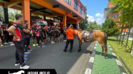 Personel Basarnas Sulut sedang mempraktikkan teknik kendali hewan saat latihan berkuda untuk mendukung operasi SAR di wilayah Manado.