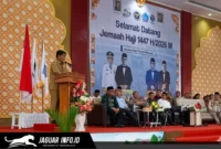 Gubernur Sulawesi Utara Yulius Selvanus saat memberikan sambutan dalam acara pelepasan jemaah haji asal Sulut di Manado.