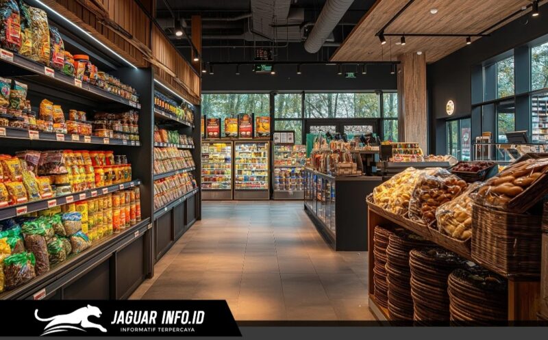 Tampilan rak display produk pada sektor retail modern yang tertata rapi, mencerminkan ketersediaan stok barang bagi konsumen