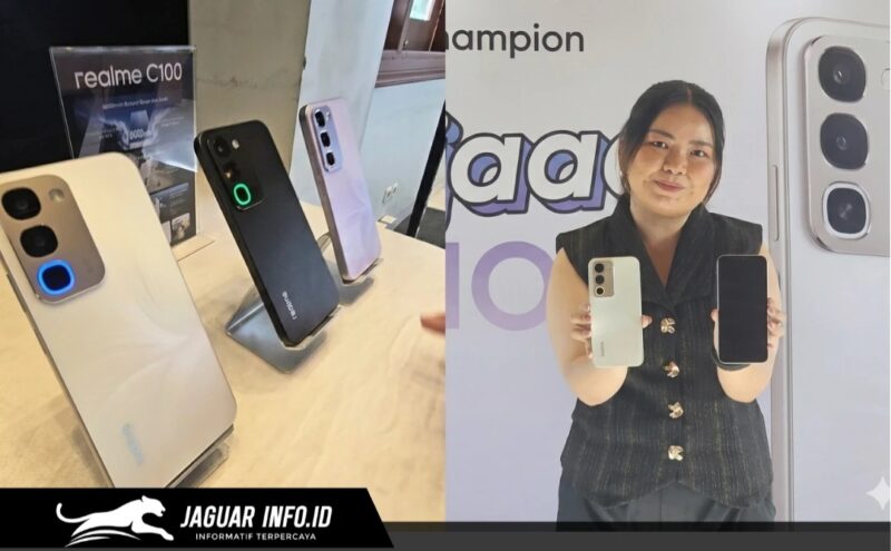 Tampak depan dan belakang varian produk yang memperlihatkan keunggulan Realme C100x dengan bodi yang tetap ramping.