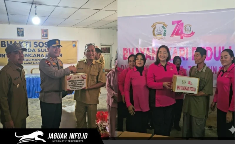 Kapolda Sulut Irjen Pol Roycke Langie bersama Ketua Bhayangkari menyerahkan bantuan secara simbolis kepada warga terdampak bencana di Bolmong, Senin (08/06/26).