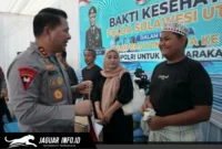 Kapolda Sulut Irjen Pol Roycke Harry Langie saat meninjau pelayanan kesehatan gratis pada puncak Bakti Kesehatan Hari Bhayangkara ke-80 di Lapangan Ketang Baru, Manado, 23/06/26.