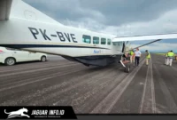 Pesawat saat berada di apron mendapatkan penanganan.
