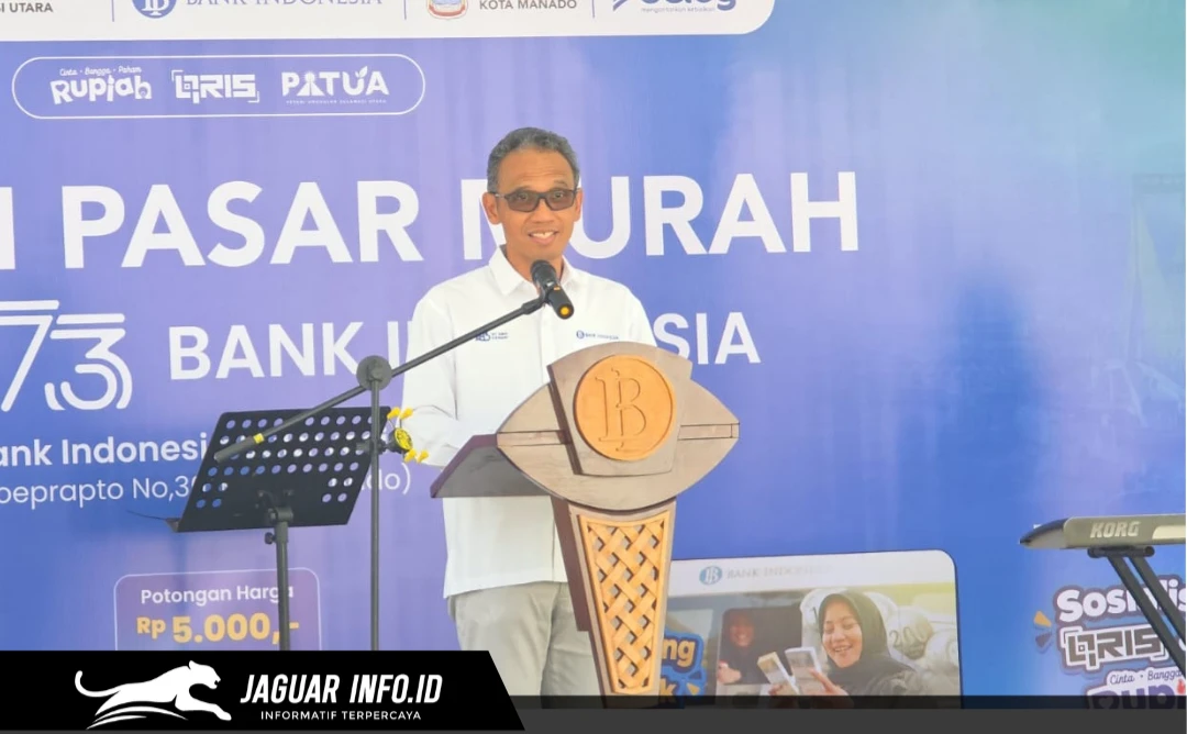 Joko Supratikto, Kepala Perwakilan Bank Indonesia Provinsi Sulawesi Utara, menyampaikan sambutan dalam acara Sinergi Pasar Murah di Manado, 23/07/26. Kegiatan ini merupakan kolaborasi untuk menjaga stabilitas harga pangan.