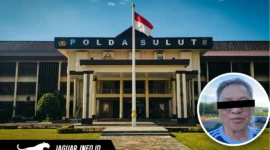 Gedung Mapolda Sulawesi Utara dan foto terduga pelaku yang ditutupi garis hitam.