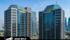 Ilustrasi gedung kantor pusat Bank Mandiri di kawasan bisnis Jakarta.