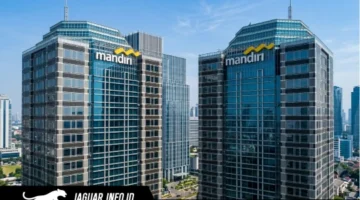 Ilustrasi gedung kantor pusat Bank Mandiri di kawasan bisnis Jakarta.