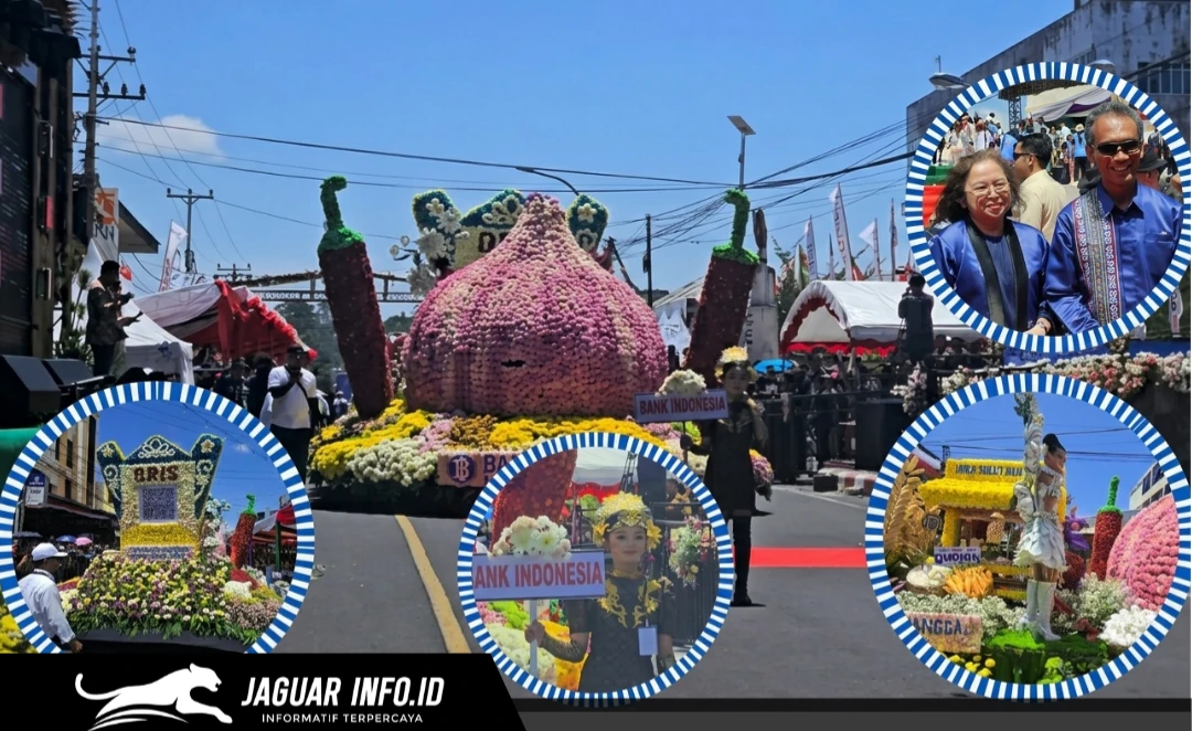 Kendaraan hias milik Bank Indonesia Provinsi Sulawesi Utara berbalut bunga asli saat melintas di panggung utama parade TOF pada ajang TIFF 2026 di Kota Tomohon.