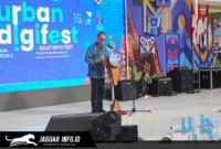 Kepala KPw BI Provinsi Sulut Joko Supratikto saat memberikan sambutan mengenai pemanfaatan kearifan lokal sebagai pendorong ekonomi kreatif pada acara Soft Opening Urban Digifest 2026 di Atrium Manado Town Square.