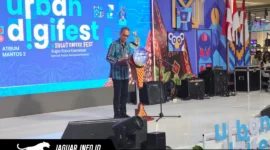 Kepala KPw BI Provinsi Sulut Joko Supratikto saat memberikan sambutan mengenai pemanfaatan kearifan lokal sebagai pendorong ekonomi kreatif pada acara Soft Opening Urban Digifest 2026 di Atrium Manado Town Square.