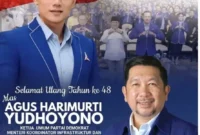 Flyer ucapan selamat ulang tahun ke-48 untuk Ketua Umum Partai Demokrat sekaligus Menteri Koordinator Infrastruktur dan Pembangunan Kewilayahan RI, Agus Harimurti Yudhoyono (AHY), dari DPD Partai Demokrat Sulawesi Utara.