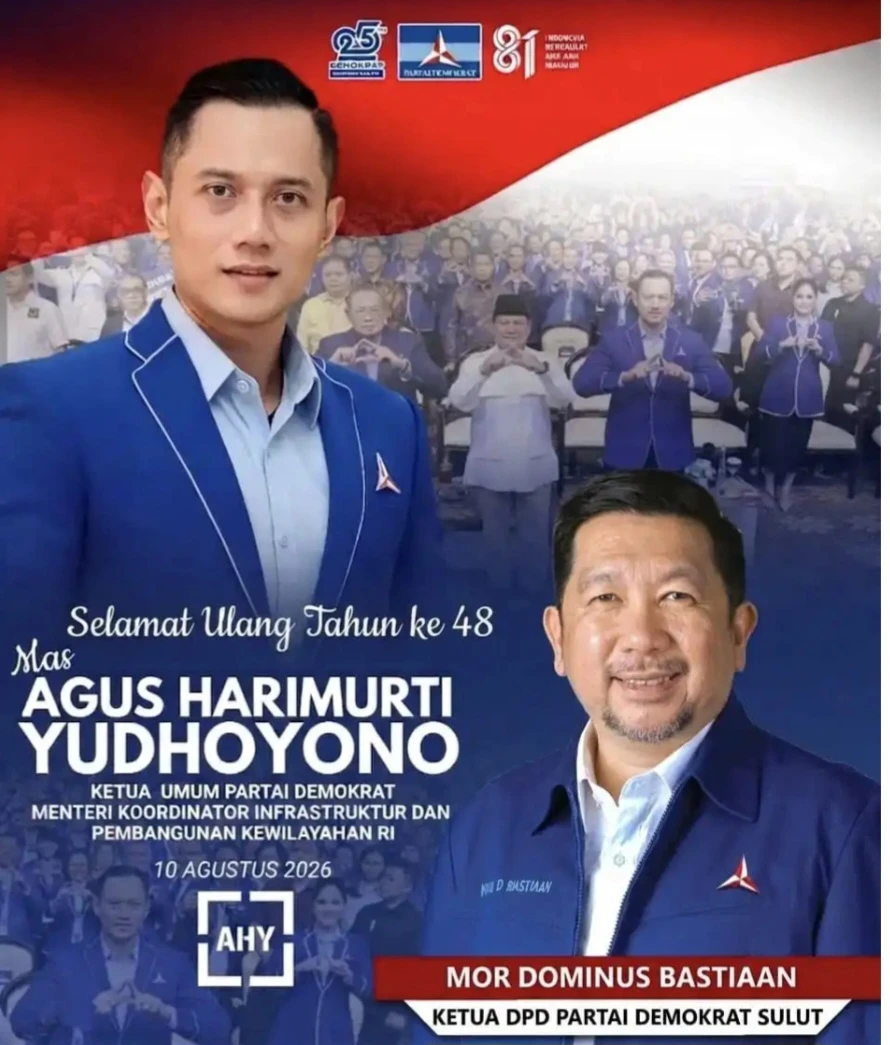 Flyer ucapan selamat ulang tahun ke-48 untuk Ketua Umum Partai Demokrat sekaligus Menteri Koordinator Infrastruktur dan Pembangunan Kewilayahan RI, Agus Harimurti Yudhoyono (AHY), dari DPD Partai Demokrat Sulawesi Utara.