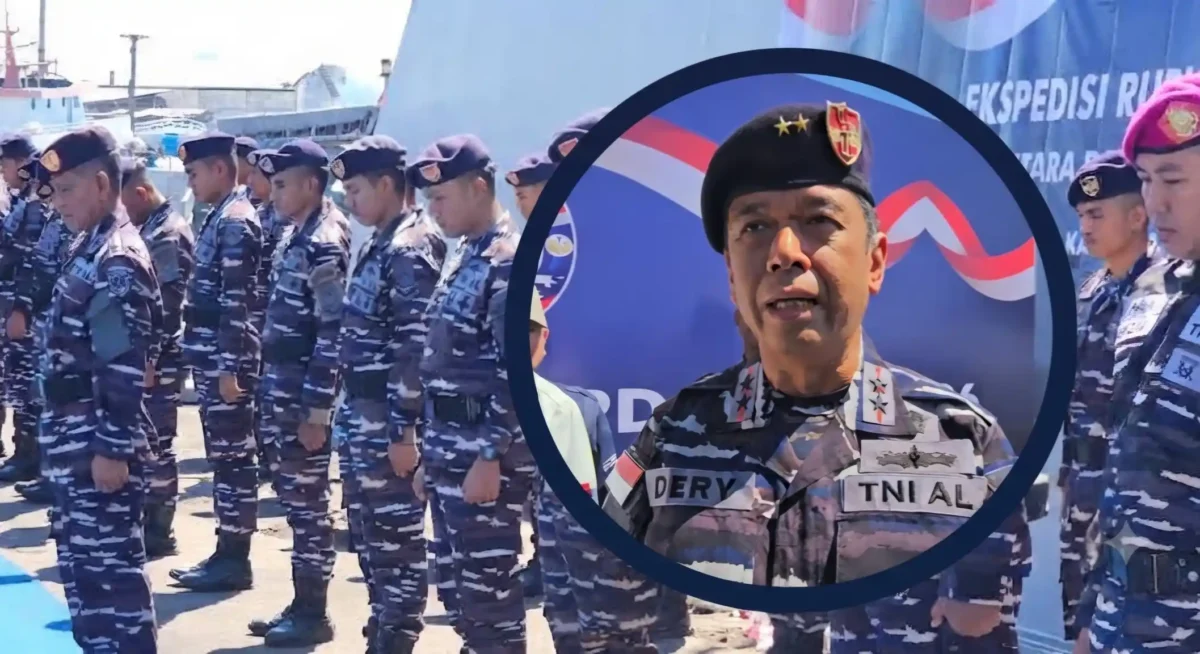 Komandan Kodaeral VIII, Laksda TNI Dery Triesananto Suhendi, S.E., M.Tr.Opsla., saat memberikan keterangan kepada awak media dalam kegiatan Ekspedisi Rupiah Berdaulat 2026 di Dermaga Samuel Languyu, Satrol Kodaeral VIII, Jumat (11/9/2026).