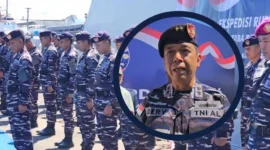 Komandan Kodaeral VIII, Laksda TNI Dery Triesananto Suhendi, S.E., M.Tr.Opsla., saat memberikan keterangan kepada awak media dalam kegiatan Ekspedisi Rupiah Berdaulat 2026 di Dermaga Samuel Languyu, Satrol Kodaeral VIII, Jumat (11/9/2026).