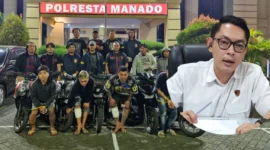 Petugas kepolisian menunjukkan barang bukti kasus pencurian kendaraan bermotor di Mapolresta Manado, Selasa (22/09/26).