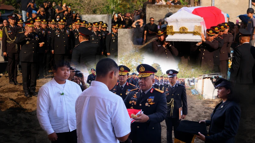 Kapolda Sulut Irjen Pol Yudo Hermanto memimpin apel persada pemakaman Kombes Pol Steidy Raranta di Desa Noongan, Minahasa, pada 28/09/26.