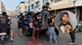 Tim URC Ditreskrimum Polda Sulut saat mengamankan terduga pelaku pencurian kendaraan bermotor (curanmor) berinisial Andika Junior Regar (16) beserta tiga unit sepeda motor hasil sitaan di Kota Bitung pada 28/09/26.