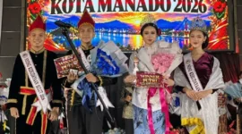 Suasana panggung malam puncak Pemilihan Duta Kebudayaan Kota Manado 2026 di Graha Gubernuran Bumi Beringin, Manado.