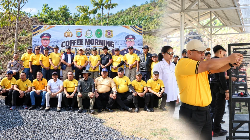 Kapolda Sulawesi Utara Irjen Pol Yudo Hermanto membuka kegiatan Coffee Morning dan Fun Shooting bersama unsur Forkopimda serta instansi terkait di Lapangan Tembak Batalyon C POR Kalasey, Jumat (23/10/2026).