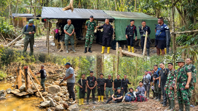 Personel gabungan Polda Sulawesi Utara dan Gakkum Kehutanan melaksanakan operasi penertiban pertambangan emas tanpa izin di kawasan Taman Nasional Bogani Nani Wartabone, Gunung Mobungayon, Kabupaten Bolaang Mongondow Selatan, pada 10–11 Oktober 2026.