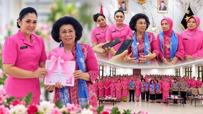Ketua YKPI Linda Agum Gumelar bersama Pengurus Bhayangkari Daerah Sulawesi Utara dalam kegiatan sosialisasi deteksi dini kanker payudara melalui praktik SADARI di Polda Sulut, Selasa (13/10/2026).