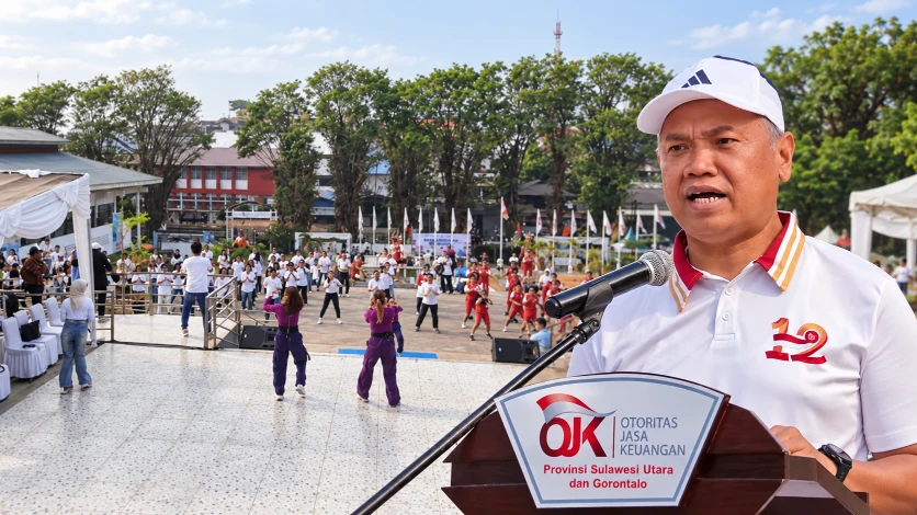 Kepala OJK Sulawesi Utara dan Gorontalo, Robert Sianipar, saat menyampaikan sambutan pada pembukaan Bulan Inklusi Keuangan (BIK) 2026 di Museum Negeri Provinsi Sulawesi Utara, Manado, Sabtu (10/10/2026). 