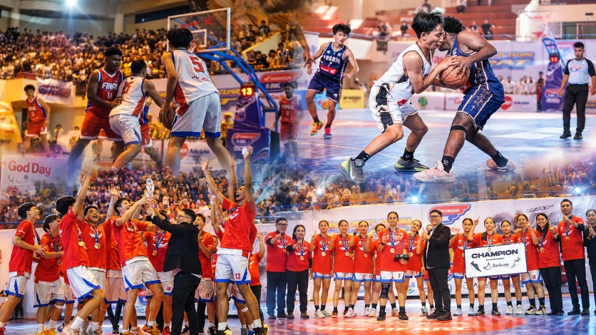 Para peserta dan pemenang Honda DBL North Sulawesi 2026 dalam rangkaian partai final di GOR Politeknik Manado.