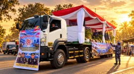 Mobil kontainer Ditpolairud Polda Sulut yang dihiasi ucapan selamat HUT ke-81 TNI dalam rangka kejutan untuk jajaran TNI di Lanudal Manado, Senin (5/10/2026).
