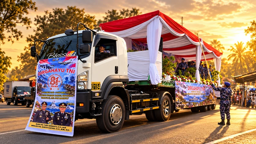 Mobil kontainer Ditpolairud Polda Sulut yang dihiasi ucapan selamat HUT ke-81 TNI dalam rangka kejutan untuk jajaran TNI di Lanudal Manado, Senin (5/10/2026).