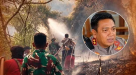 Kapolres Tomohon AKBP Novrial Alberti Kombo ikut membantu pemadaman kebakaran hutan dan lahan di kawasan Gunung Lokon, Selasa (13/10/2026).