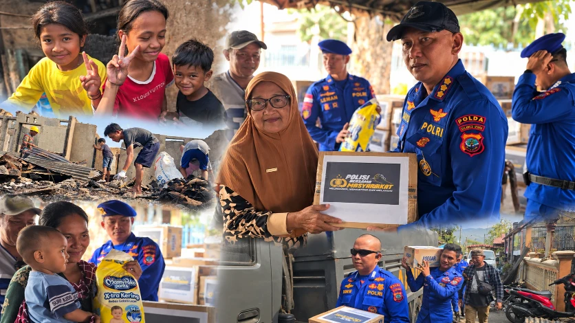 Direktur Polairud Polda Sulut Kombes Pol Bayuaji Yudha Prajas bersama personel menyalurkan bantuan kepada warga korban kebakaran di Kelurahan Pateten 1, Kota Bitung.